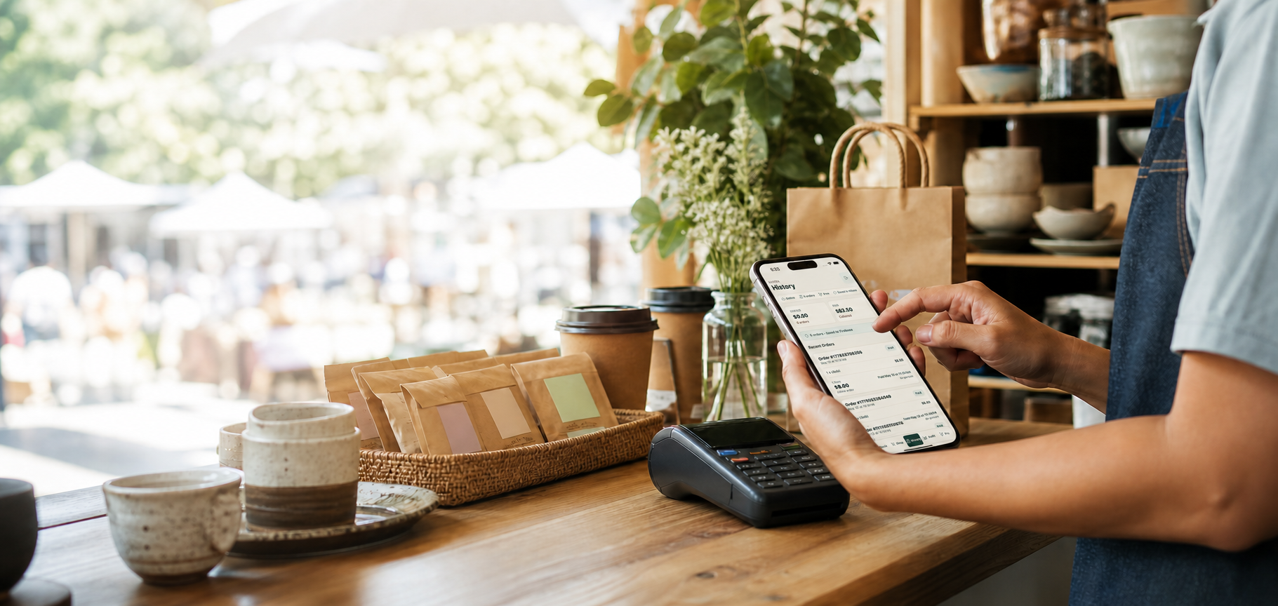 A small market stall using a phone as a point of sale.