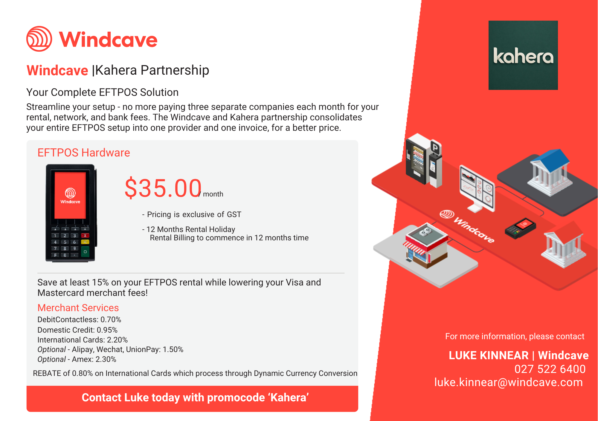 Windcave and Kahera partnership offer: EFTPOS hardware from $35 per month, a 12-month rental holiday, and discounted merchant service rates.